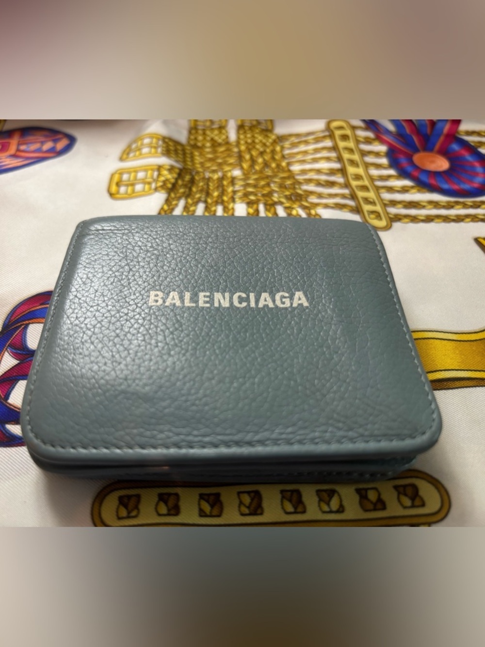 Authentic Balenciaga Cash Flap Coin and Card Holder – Grained Leather- Blue-Grey
